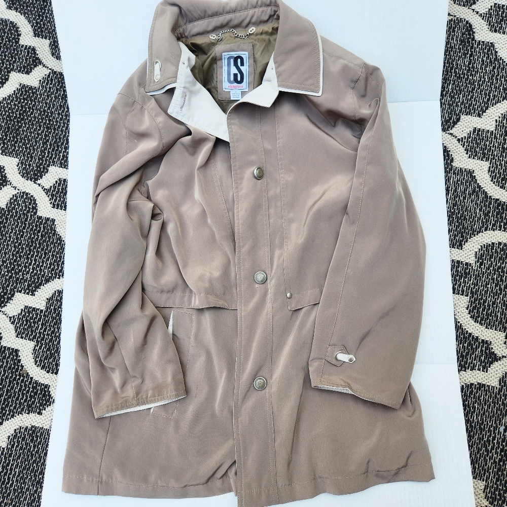 Vintage CS Signature Women’s Trench Coat L Classic Button Zip Rain Jacket Taupe